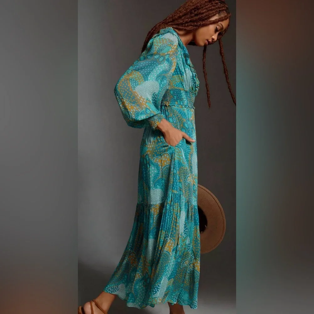 NEW Anthropologie The Odetta Ruffled V-Neck‎ Maxi LS flowy Dress Teal Size  M - Picture 7 of 17